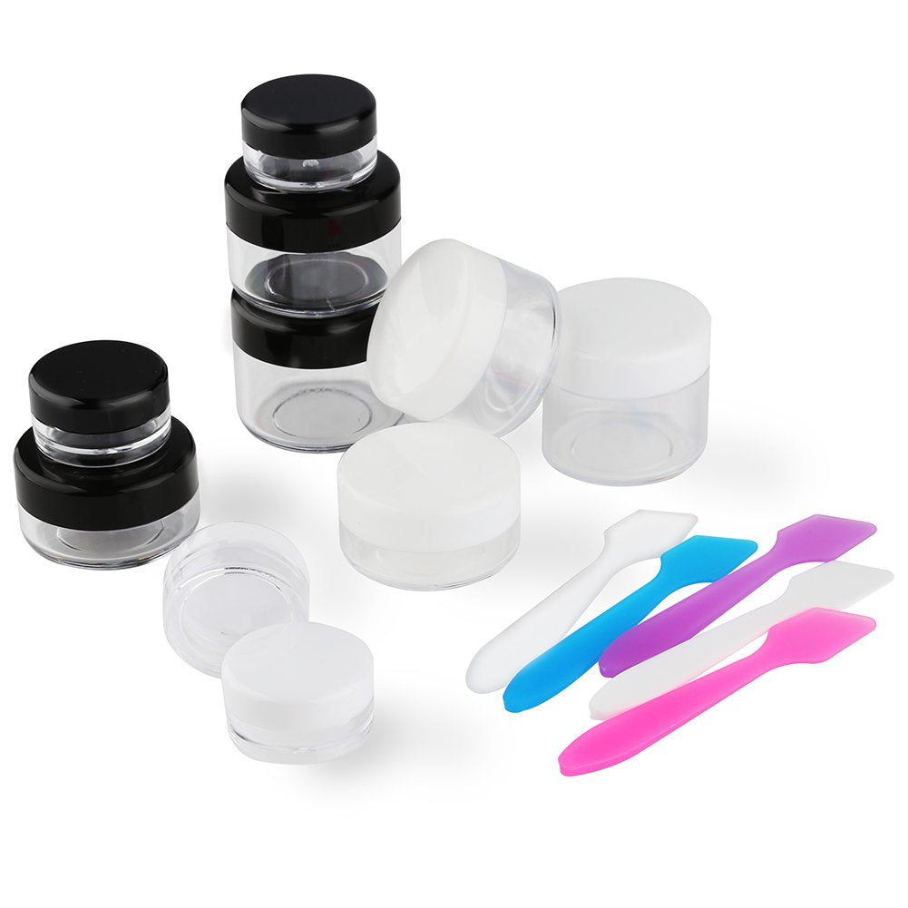 Accmor 10 Pieces Makeup Travel Containers with Lids 3/5/10/15/20 Gram Size Cosmetic Jars with 5 Pieces Mini Spatulas for Gift(Black Color)
