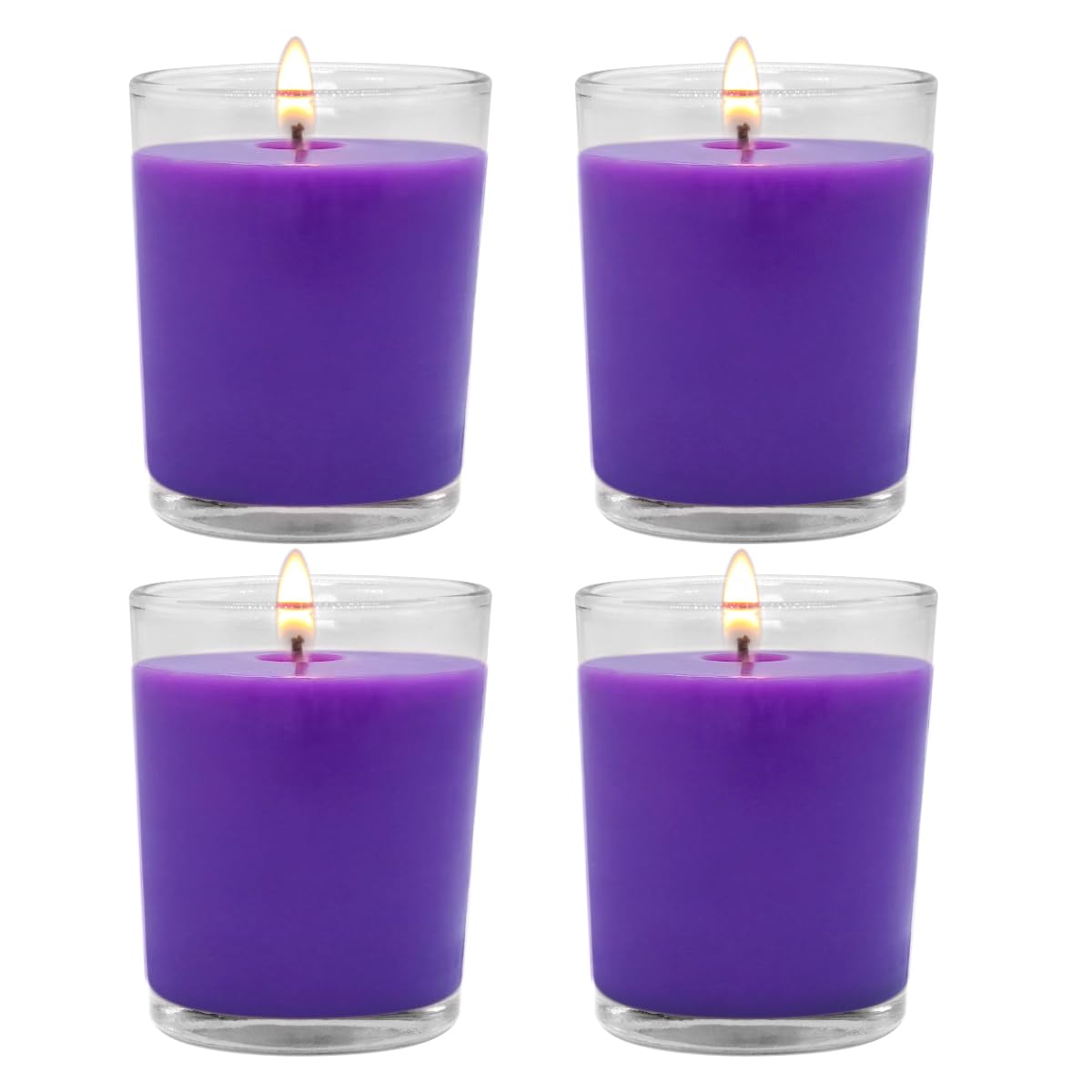 Set of 4 Purple Votive Candles, Clear Glass Filled Soy Wax Lavender Scented Candles for Home Spa Stress Relax and DIY