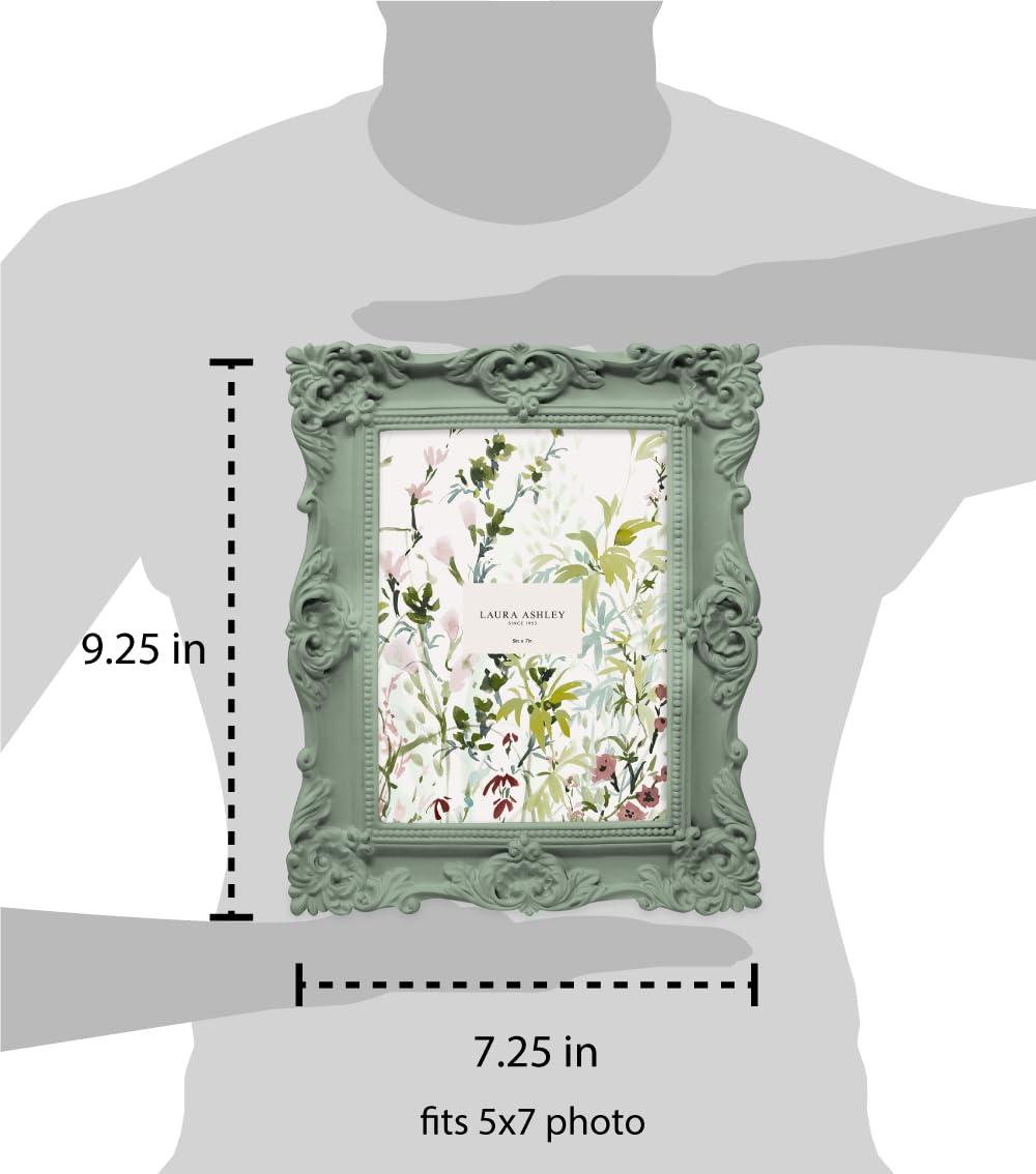Laura Ashley 5x7 Matt Rosemary Ornate Textured Hand-Crafted Resin Picture Frame with Easel, for Tabletop & Wall Display, Decorat