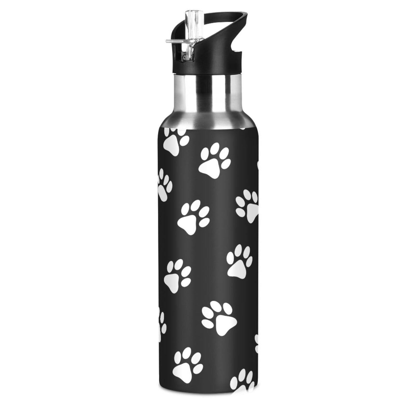 AUUXVA Sports Water Bottles Dog Paw Print Black White Vacuum Insulated Stainless Steel Water Bottle with Straw Lid for Travel Fi