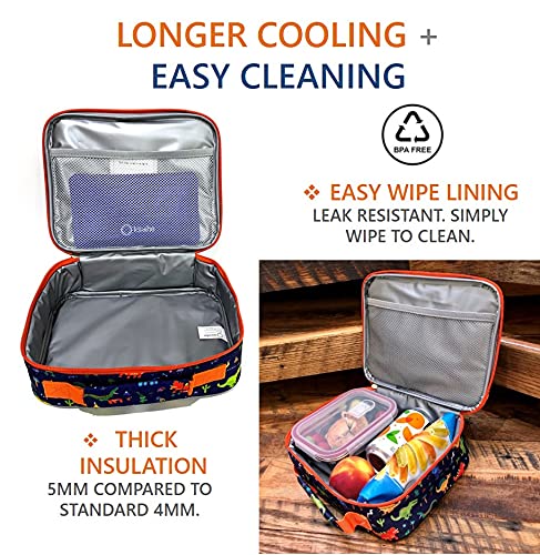 Lunch Bag with Water Bottle and Ice Pack Set  Boys Lunch-Box Set for Toddler Daycare or Pre-School  Kids Container for Lunches  Blue Orange Dinosaur
