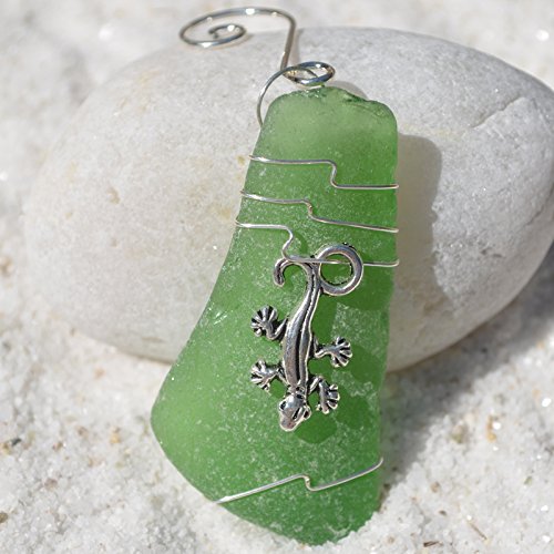 Genuine Green Sea Glass Ornament with a Lizard Charm - Made to Order