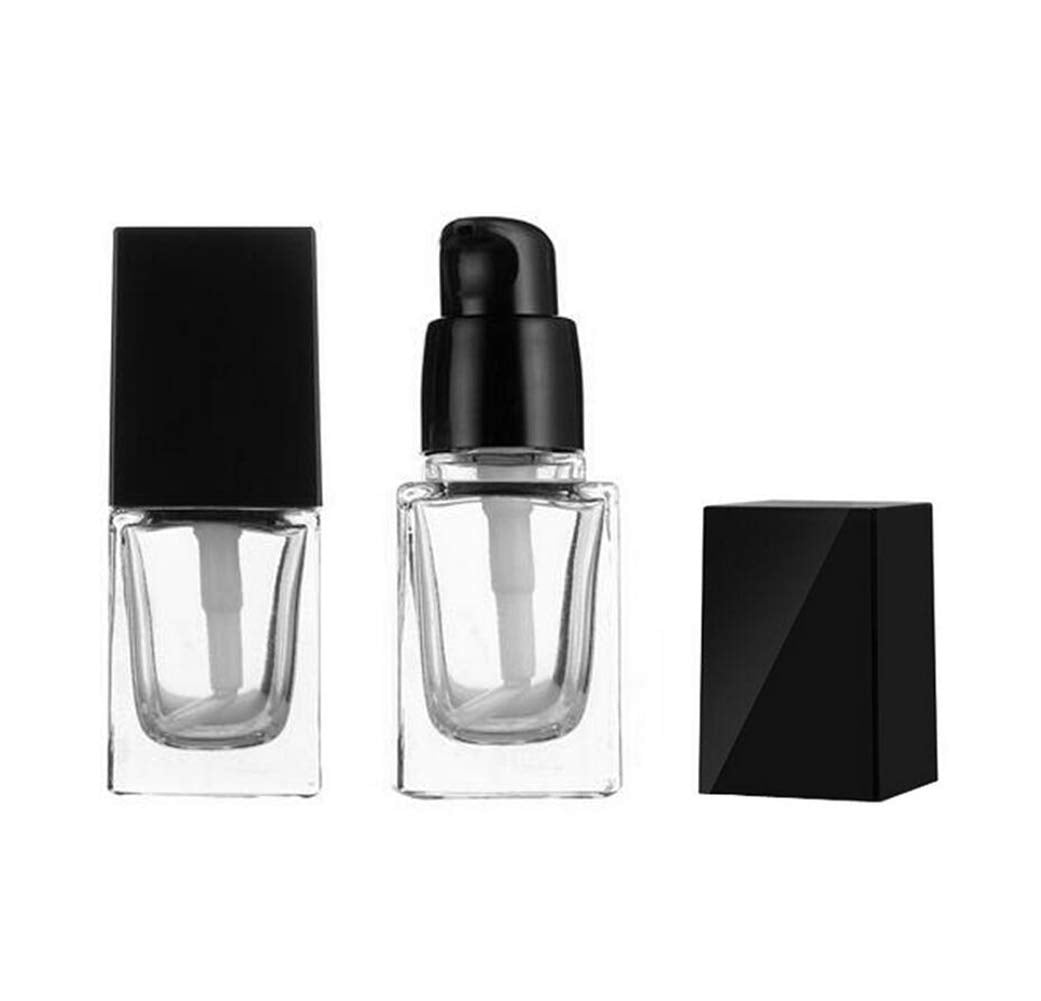 Quupy 2Pcs 15Ml/0.5Oz Empty Clear Square Glass Emulsion Essence Bottle With Black Pump Head Cosmetic Foundation Travel Vials Con