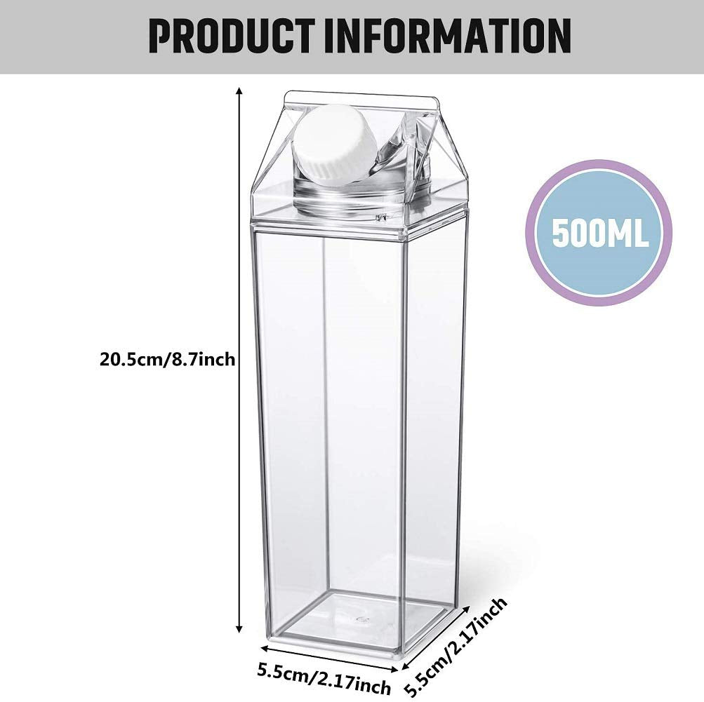 Milk Carton Water Bottle 17Oz (500Ml) Plastic Clear Square Milk Bottles No Bpa Leakproof Water Bottle Portable Reusable Milk Car
