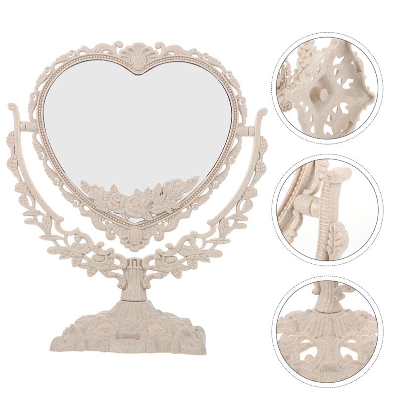 Akhfky 1Pc Heart Shaped Makeup Mirror Vintage European Style Acrylic Single Side Cosmetic 360 Degree Swivel Desktop Tools (Heart