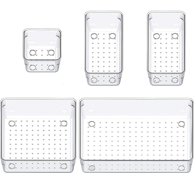Lijie Unbreakable Drawer Organizer Set, 5 Transparent Storage Trays, 3 Sizes, Kitchen And Cosmetics Drawer Organizer Tray