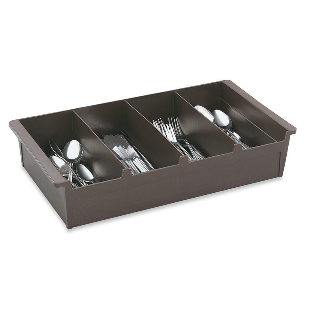 4-Compartment Plastic Cutlery Bin, Brown, 20 x 10 x 4