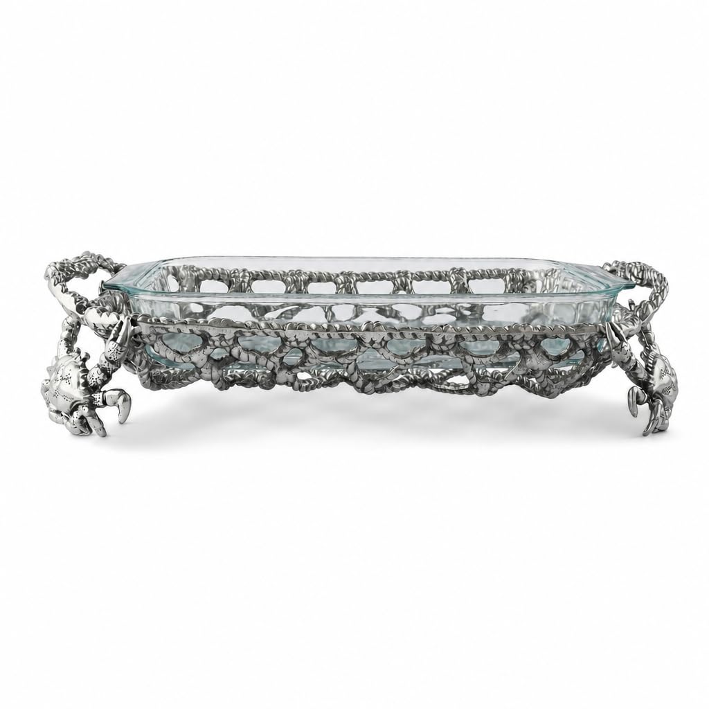 Arthur Court Metal Crab and Net Casserole Dish Holder Ocean Pattern Casted in Aluminum with Artisan Quality Hand Polished Design