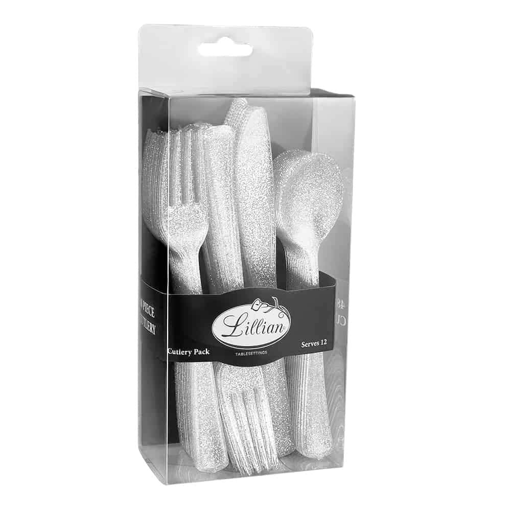 Lillian Collection Unique Glitter Silver Premium Plastic Cutlery Combo - Packs Of 48 - Perfect For Upscale Events & Parties