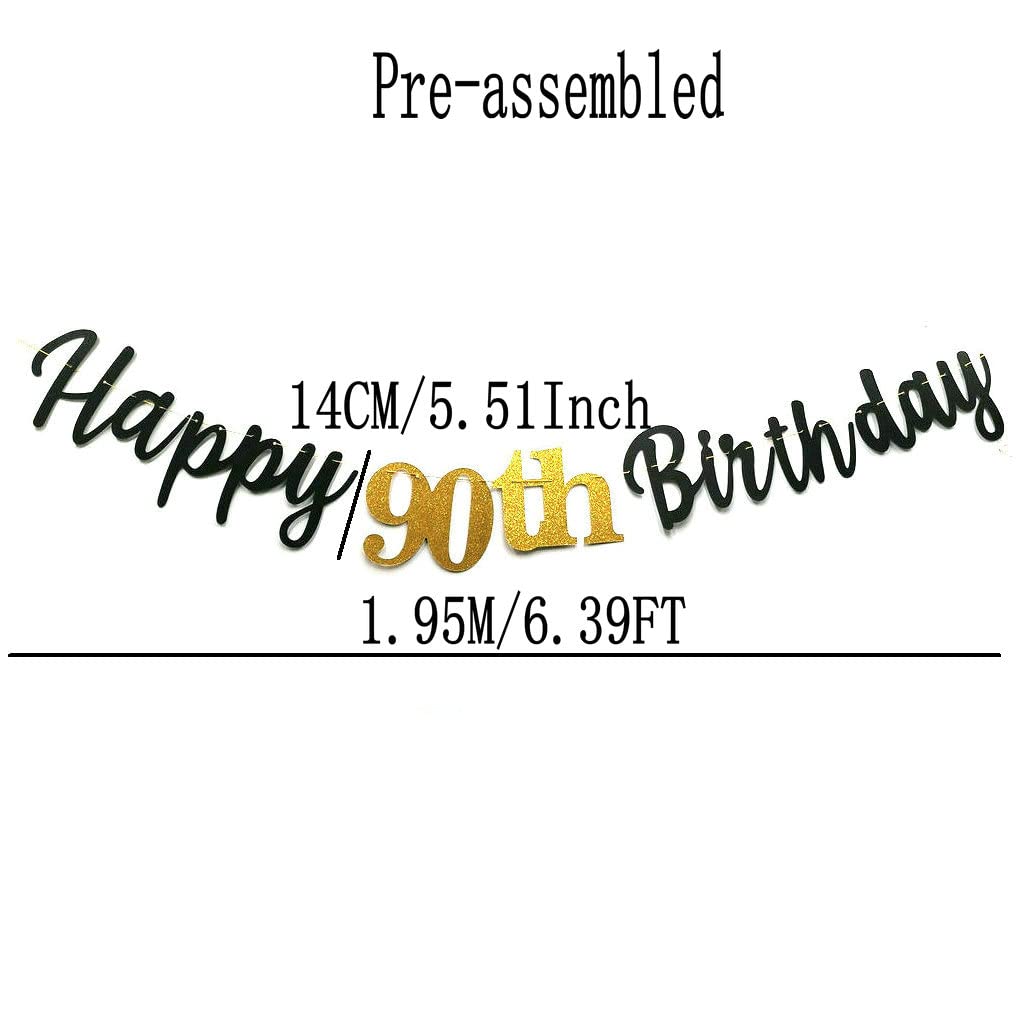 Black Happy 90Th Birthday Banner Sign Gold Glitter 90 Years Birthday Party Decorations Supplies Anniversary Celebration Backdrop