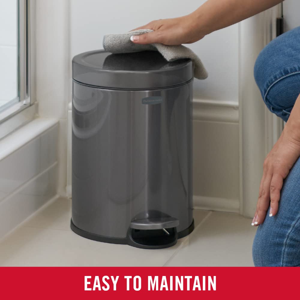 Rubbermaid Stainless Steel Round Step-On Trash Can, 1.6-Gallon, Charcoal, Wastebasket With Lid For Home/Bathroom/Kitchen/Office