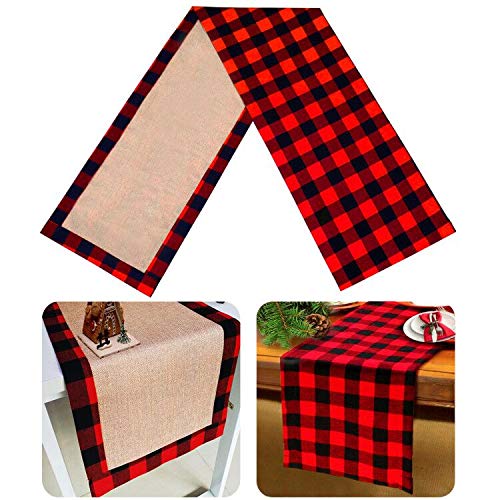 Senneny Buffalo Plaid Table Runner, Reversible Burlap & Cotton Table Runner, Farmhouse Buffalo Check Table Runner For Christmas