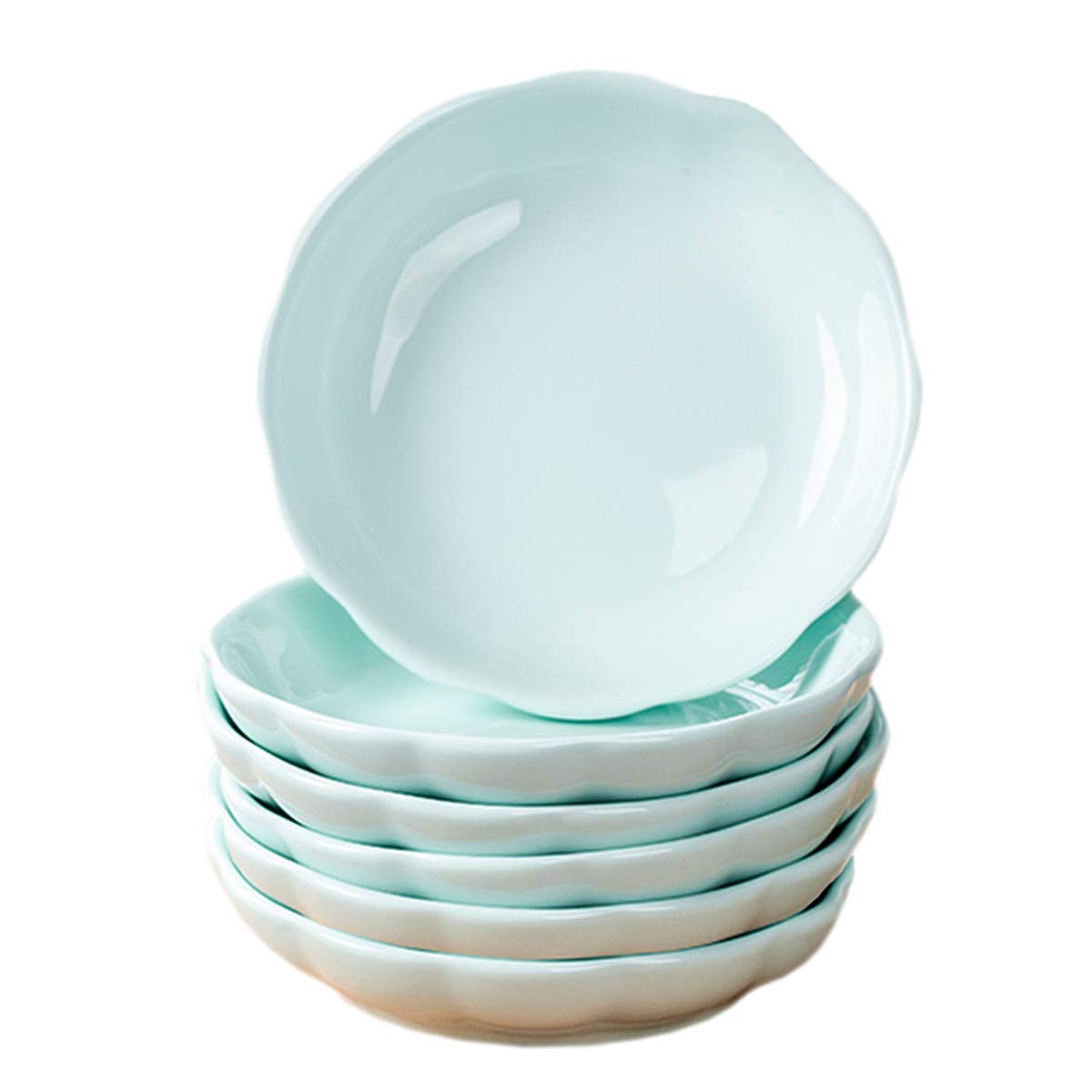 Sizikato 6Pcs Light Blue Porcelain Snack Plates, 4-Inch Flower-Shaped Appetizer Plate Dipping Bowl.