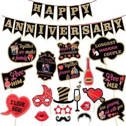 Zyozique Happy Anniversary Decoration Items, Black & Red Anniversary Decorations  Paper Banner & Photo Booth Props, Party Suppl