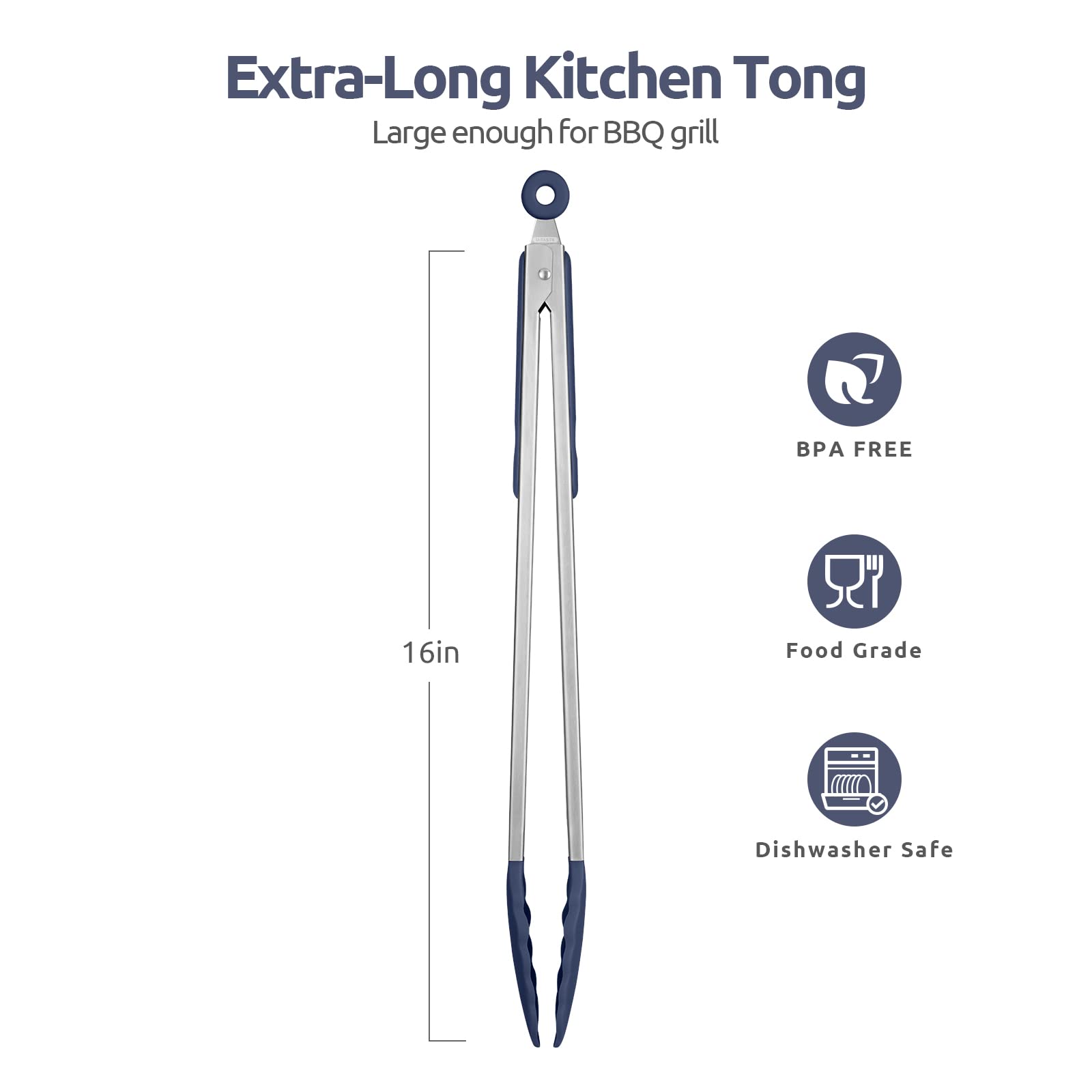 600F Heat Resistant Kitchen Tongs: U-Taste 16 In Extra Long Large Silicone Cooking Tong With Non Stick Rubber Tips & Non Slip Si