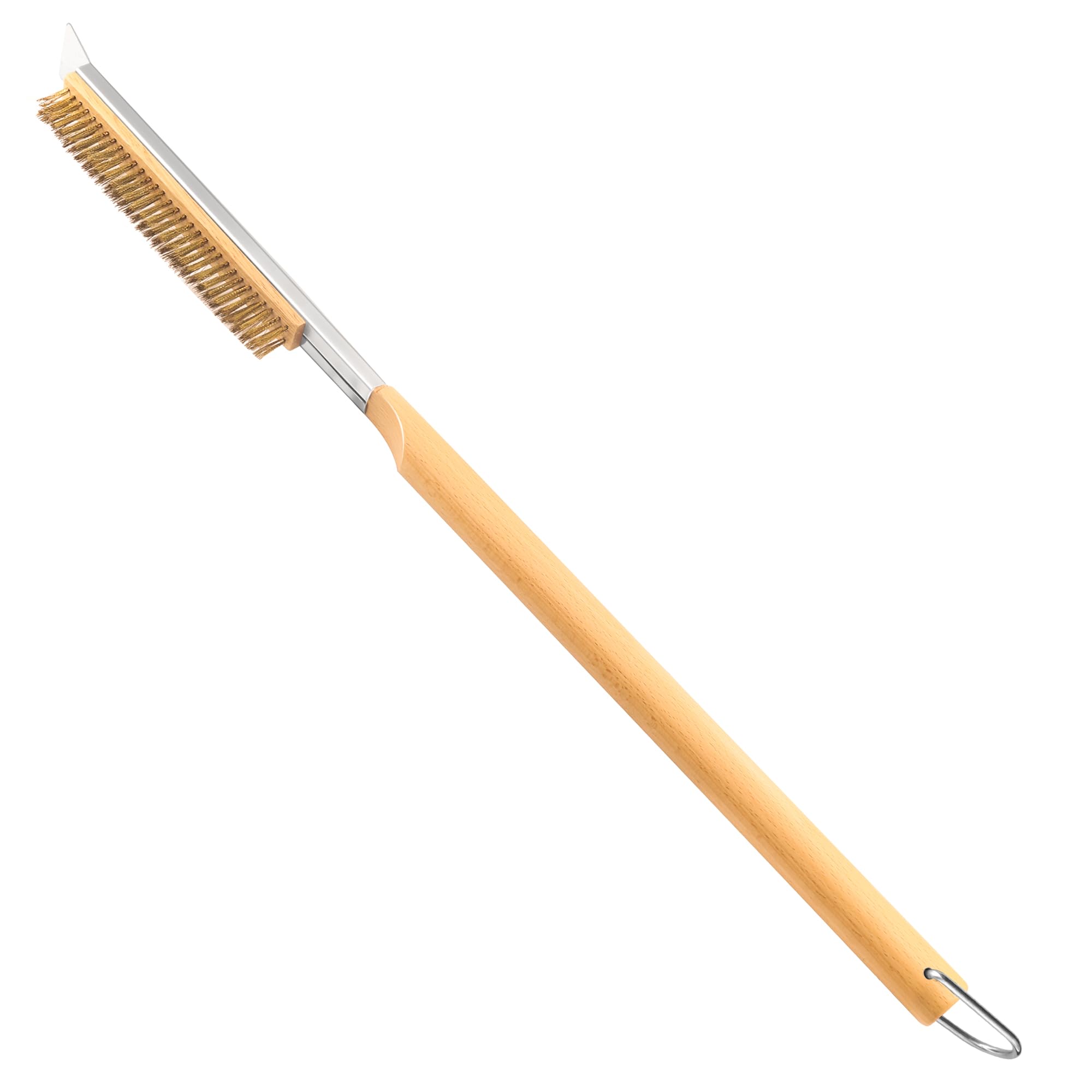 26 Pizza Brush with Stainless Steel Stone Scraper - Brass Bristles - Wood Handle - Hanging Ring - Outdoor Pizza Oven Accessory
