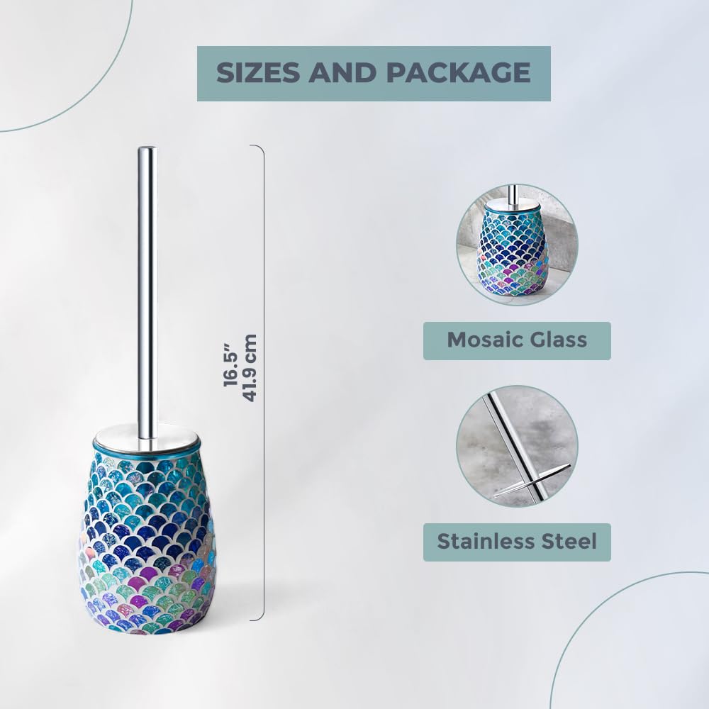 Escenzy Mermaid Bathroom Toilet Brush And Holder Set Mosaic Glass | Non-Rustic Stainless Steel | Practical & Decorative Toilet B