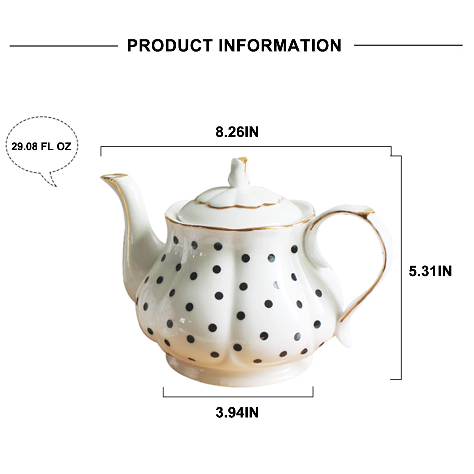 European Style Teapot Handmade Ceramic Teapot Pumpkin Fluted Shape Vintage Tea Party Set Gift (Polka Dot)