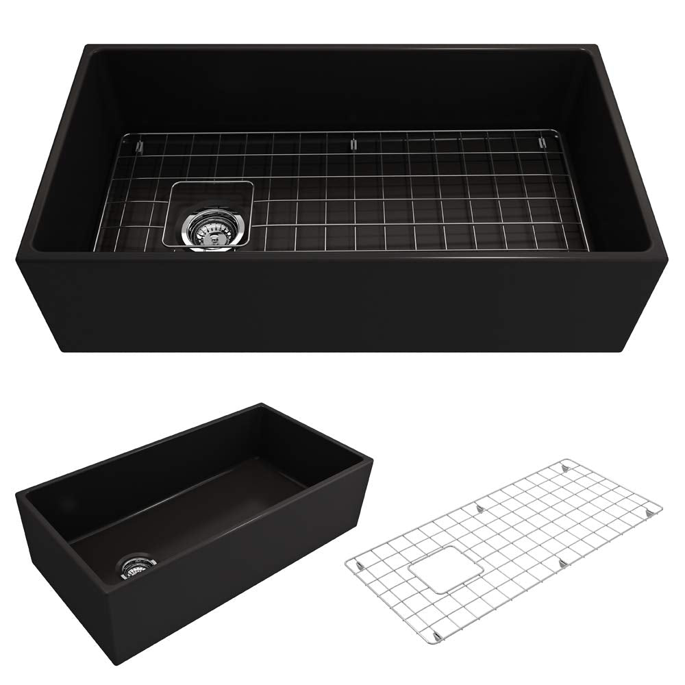 Bocchi Contempo Farmhouse Apron Front Fireclay 36 In. Single Bowl Kitchen Sink With Protective Bottom Grid And Strainer In Matte