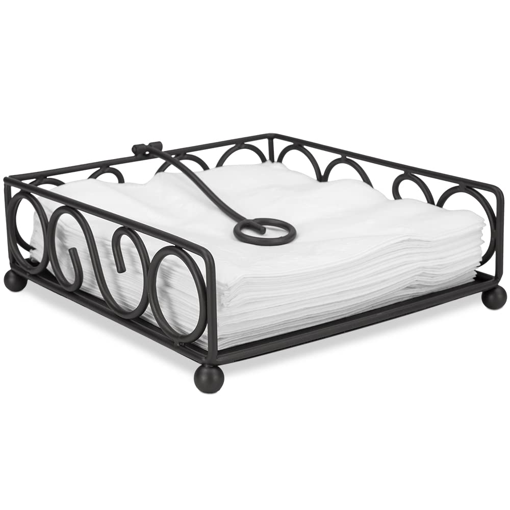 Scroll Design Flat Napkin Holder (Black), By Home Basics / With Weighted Pivoting Arm | Table Napkin Holder / Napkin Holders For
