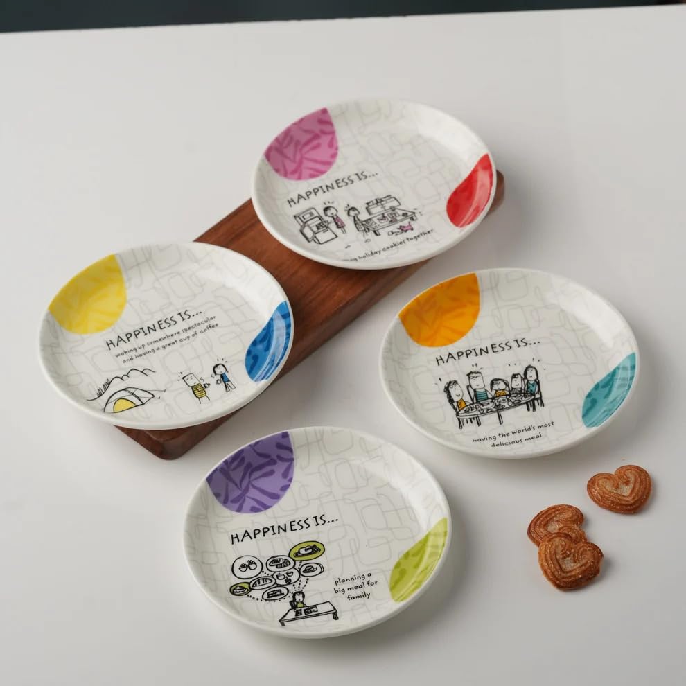 Clay Craft Fine Ceramic Happiness Is Urmi Delight Snack Plates Set Of 4 Piece(Multicolor) Plates For Snacks, Pasta, And More