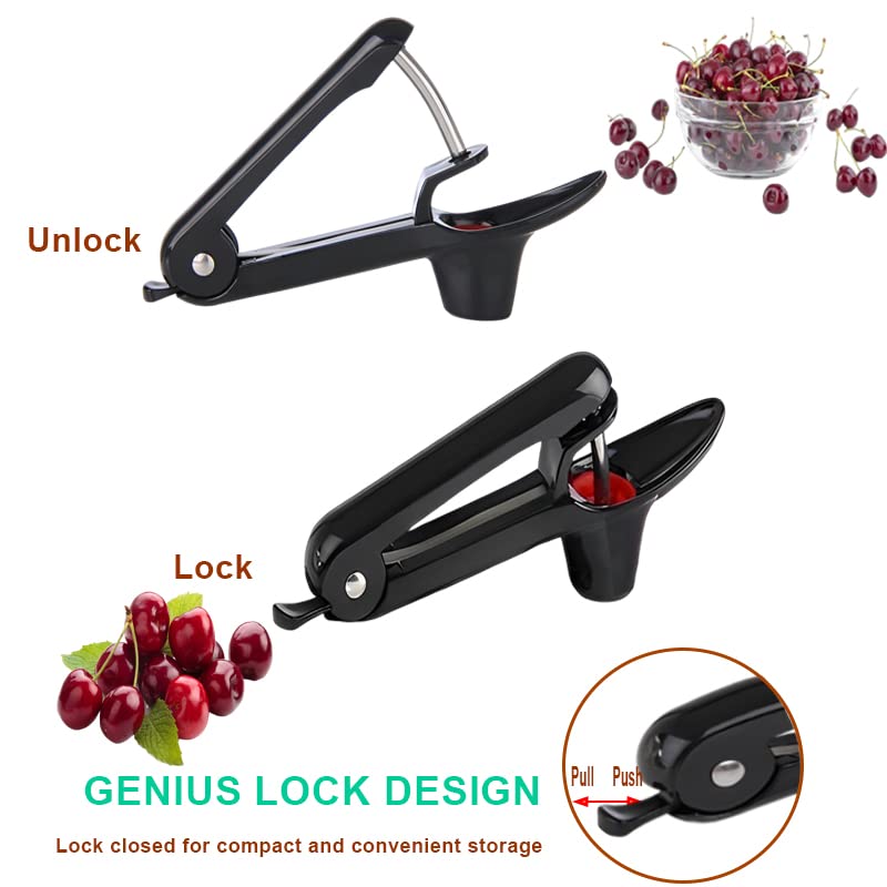 Cherry Pitter - Heavy-Duty Stainless Steel Olive and Cherry Pitters Corer Tool with Space-Saving Lock Design  Multi-Function Cherries Stoner Seed Remover Tool for Making Cherry Jam (Black)
