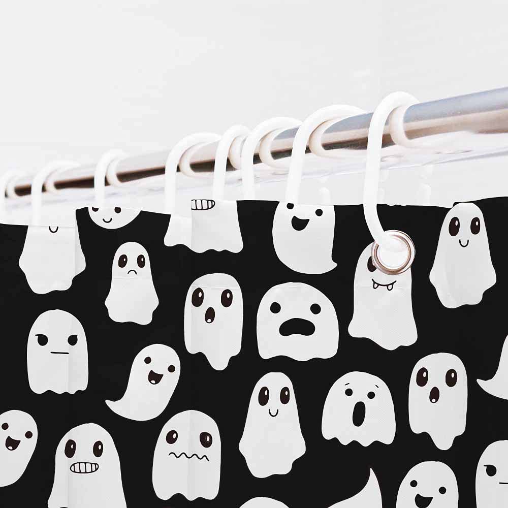 Shengjun 72X72 Inches Halloween Ghost Shower Curtain, Spooky Cute Funny Cartoon Ghosts Icons Black And White Fabric Kids Boy Tri