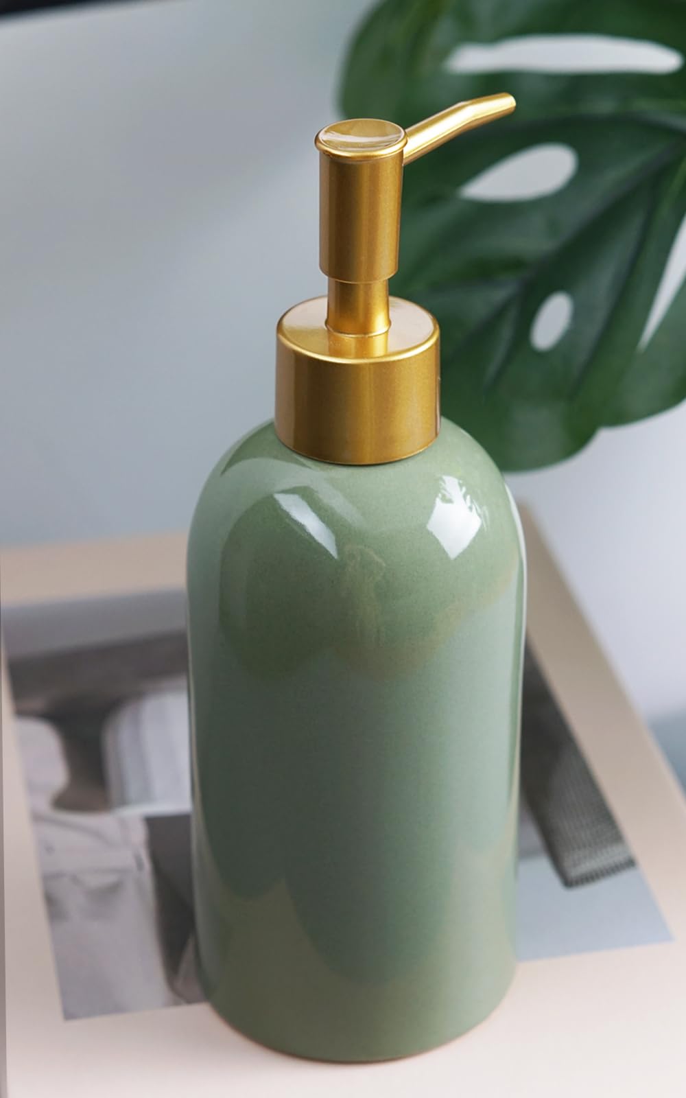 Ceramic Soap Dispenser Green With Gold Pump,Simple Design Cylindrical Lotion Dispenser Bottle,Refillable Liquid Hand Soap Dispen