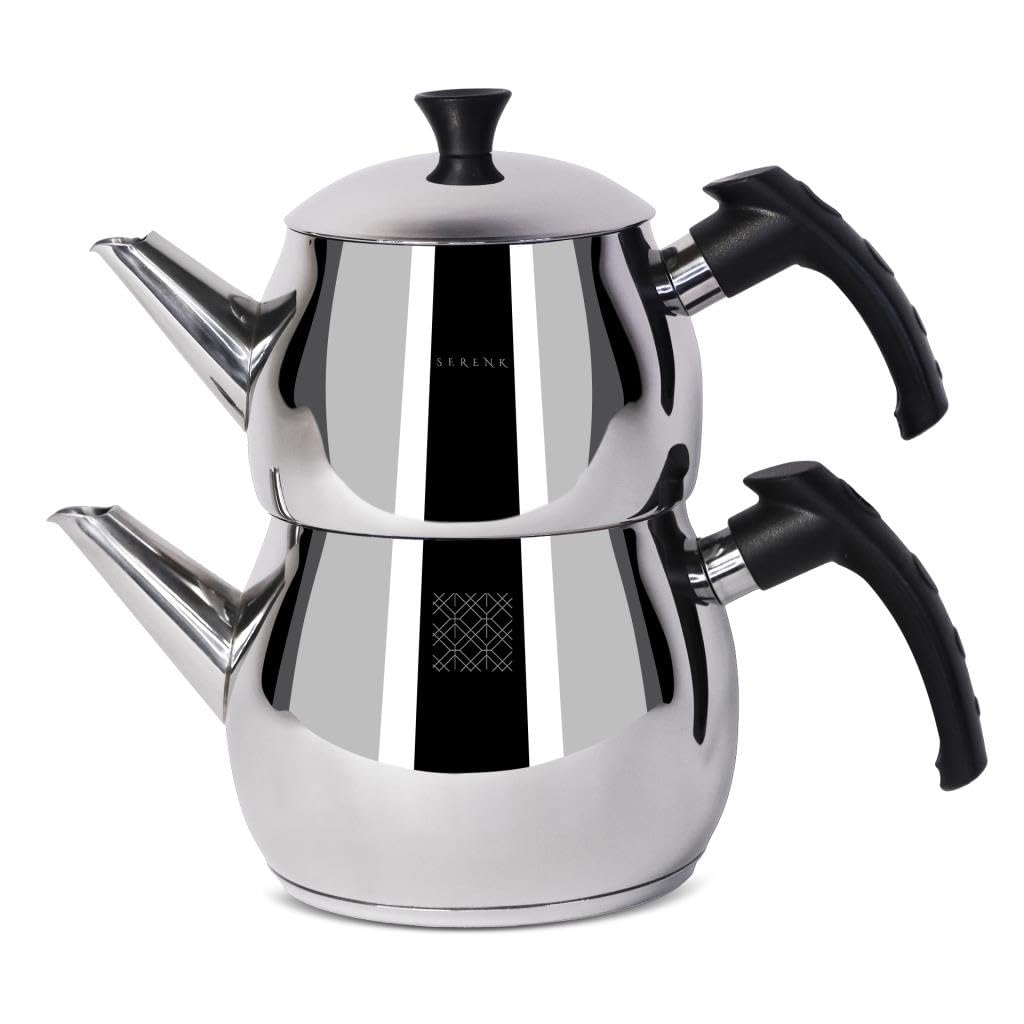 Serenk Traditional Turkish Tea Pot, 18/10 Stainless-Steel Double Tea Pots, Stove Top Turkish Tea Kettle, Rapid Boil,Turkish Teap