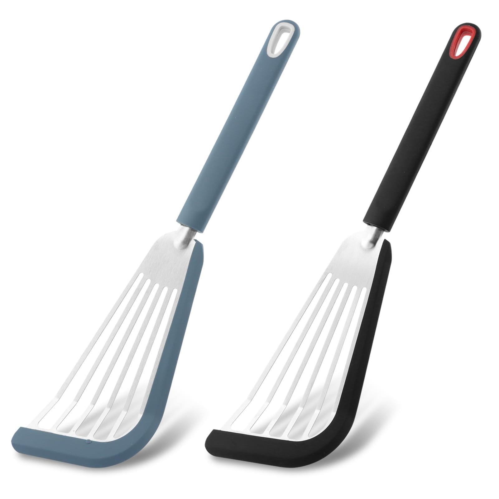 Fish Spatula Turner Set of 2, Stainless Steel Slotted Spatulas Fish Spatulas with Silicone Edge for Nonstick Cookware, Flexible 
