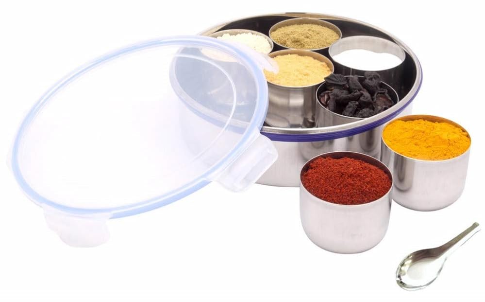 Chefkraft Air Tight Stainless Steel Spice Box/Masala Dabba With Stainless Steel Wati And Ss Spoon, See Through Pp Lid, Mirror Fi