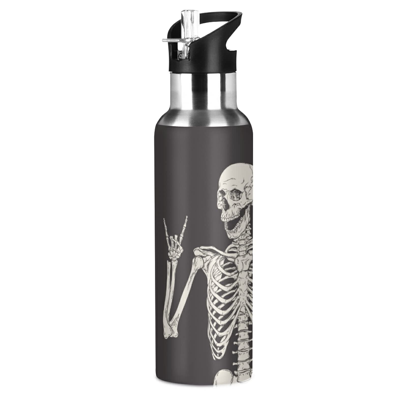 C.Iopmnu Funny Skull Water Bottle With Straw Lid, Funny Skeleton 20 Oz Stainless Steel Insulated Keeps Hot And Cold Bottle, Leak