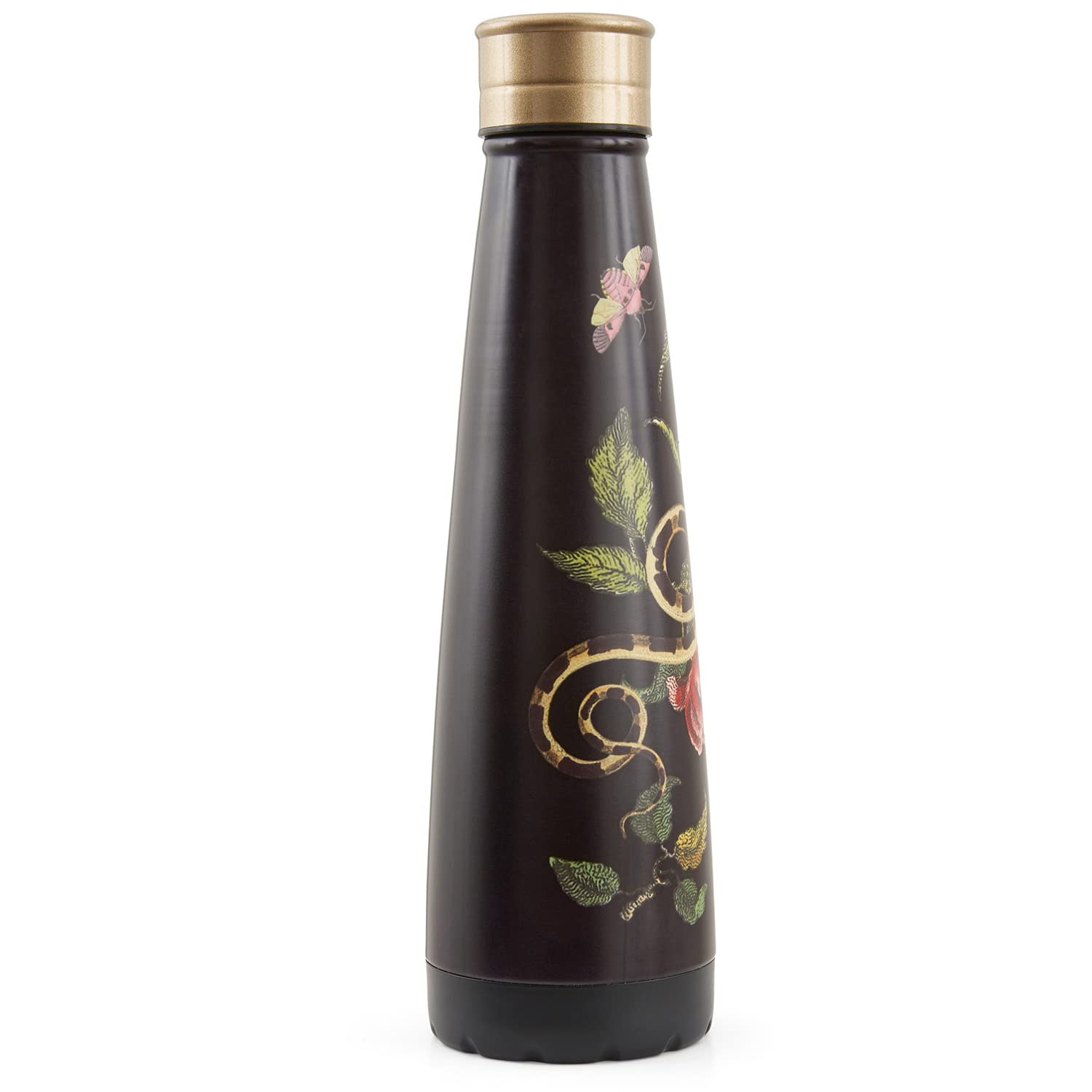Spode Stainless Steel Water Bottle - 15oz Leakproof Canteen, Black, Victorian Floral Design, Keeps Drinks Hot/Cold for 12 Hours