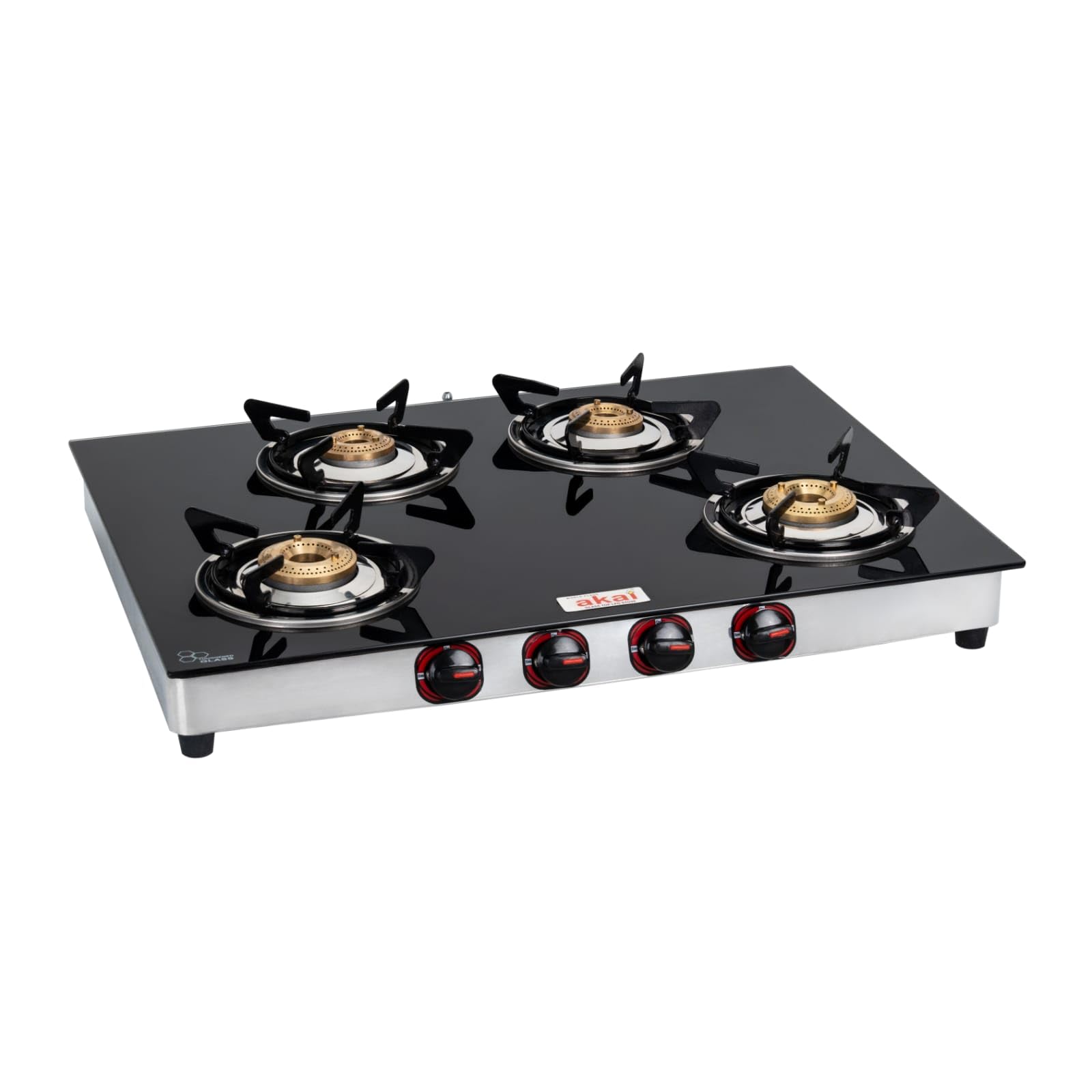 Akai 4 Burner Gas Stove With Toughened Glass | TriPin Brass Burners | Manual Ignition, Ergonomic Knobs| 360 Nozzle | Isi Certif