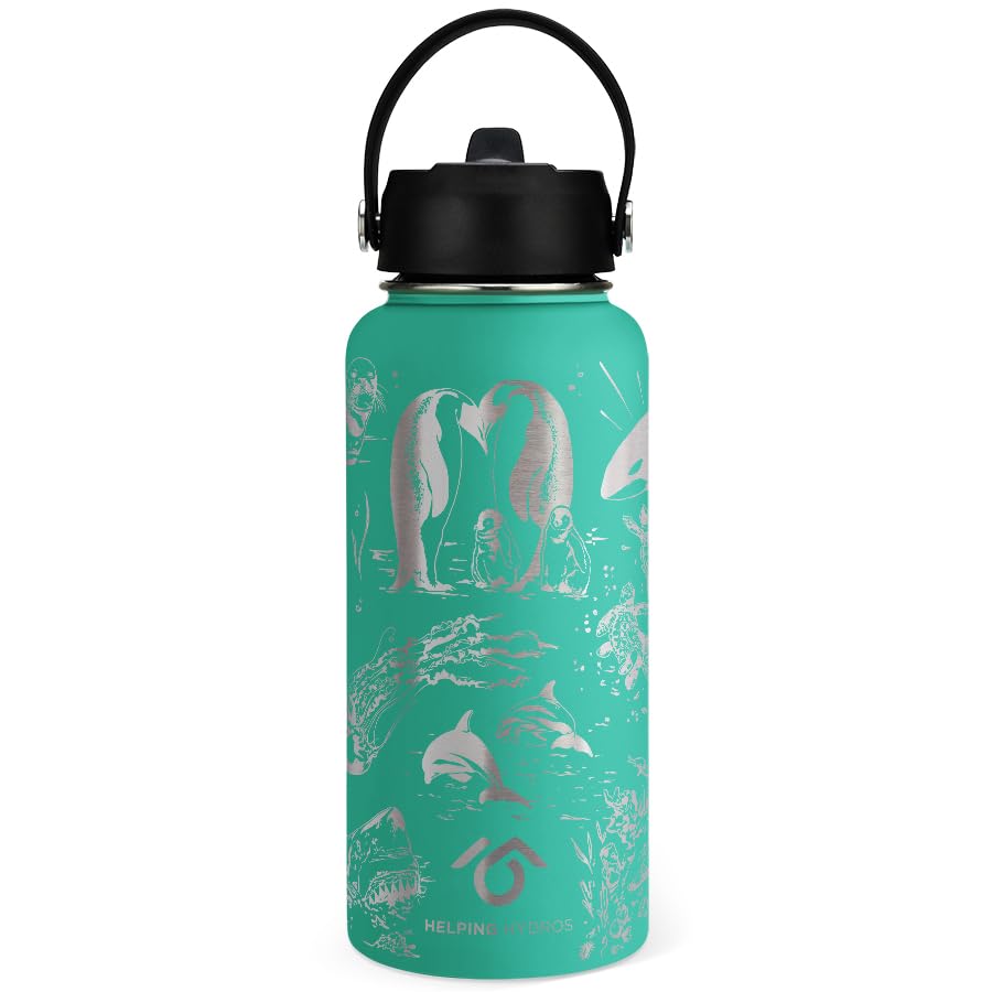 Helping Hydros Oceans Water Bottle with Straw Lid | 32 oz Engraved Stainless Steel Insulated with Strap | Ocean, Sea & Beach The