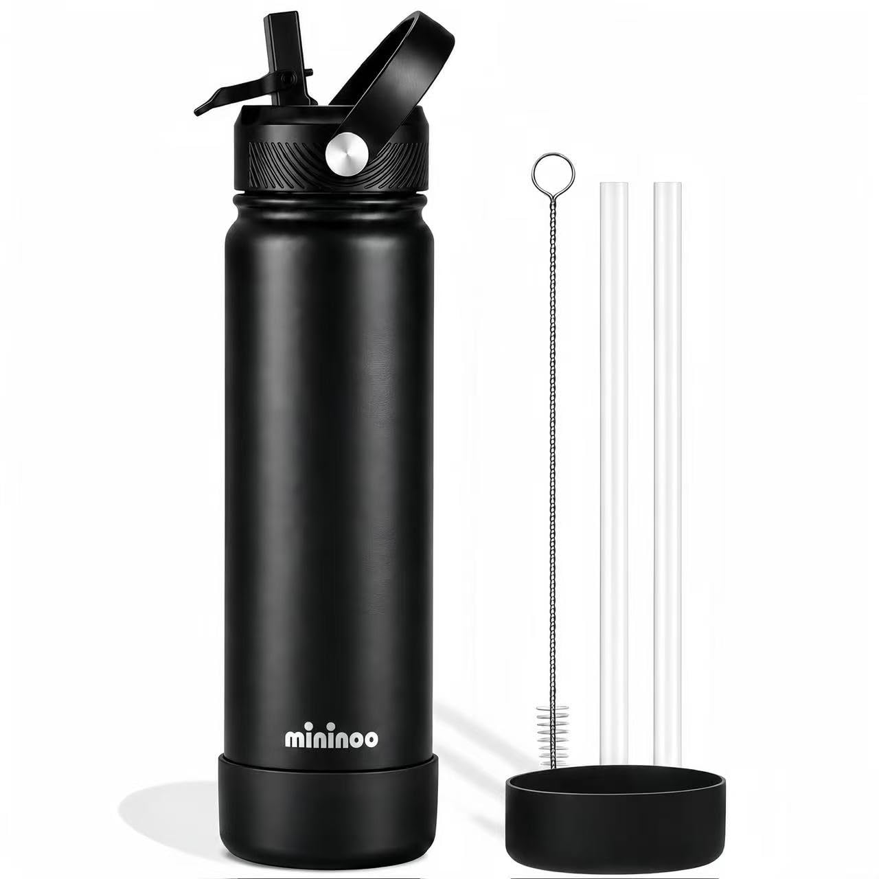 Mininoo 24 oz Insulated CeramicLined Water Bottle with Straw, Black