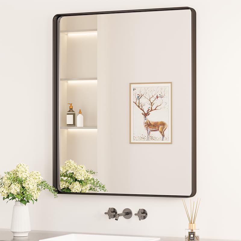 Keonjinn Black Framed Mirrors for Bathroom 30 x 36 Inch Rounded Rectangle Wall Mirror, Matte Black Farmhouse Bathroom Vanity Mir