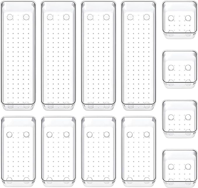 Kaito Clear Plastic Drawer Organizers, Set Of 12, Storage Bins For Kitchen Bathroom Office, Desk Drawer, Tray For Jewelry, Makeu