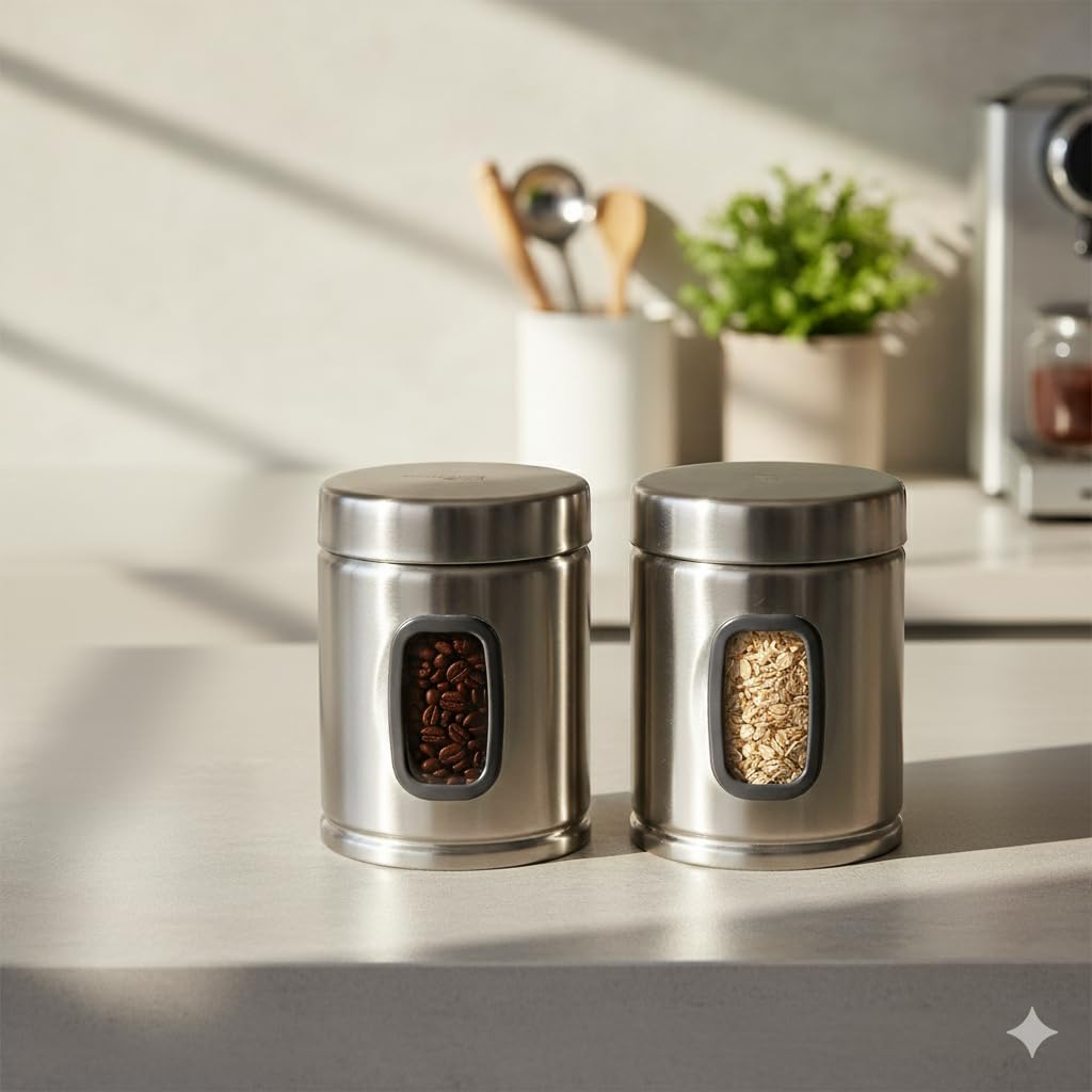 The Better Home Stainless Steel Storage Jars With SeeThrough Panel | Pack Of 2, 1000Ml Each | Airtight & Multipurpose | Kitchen