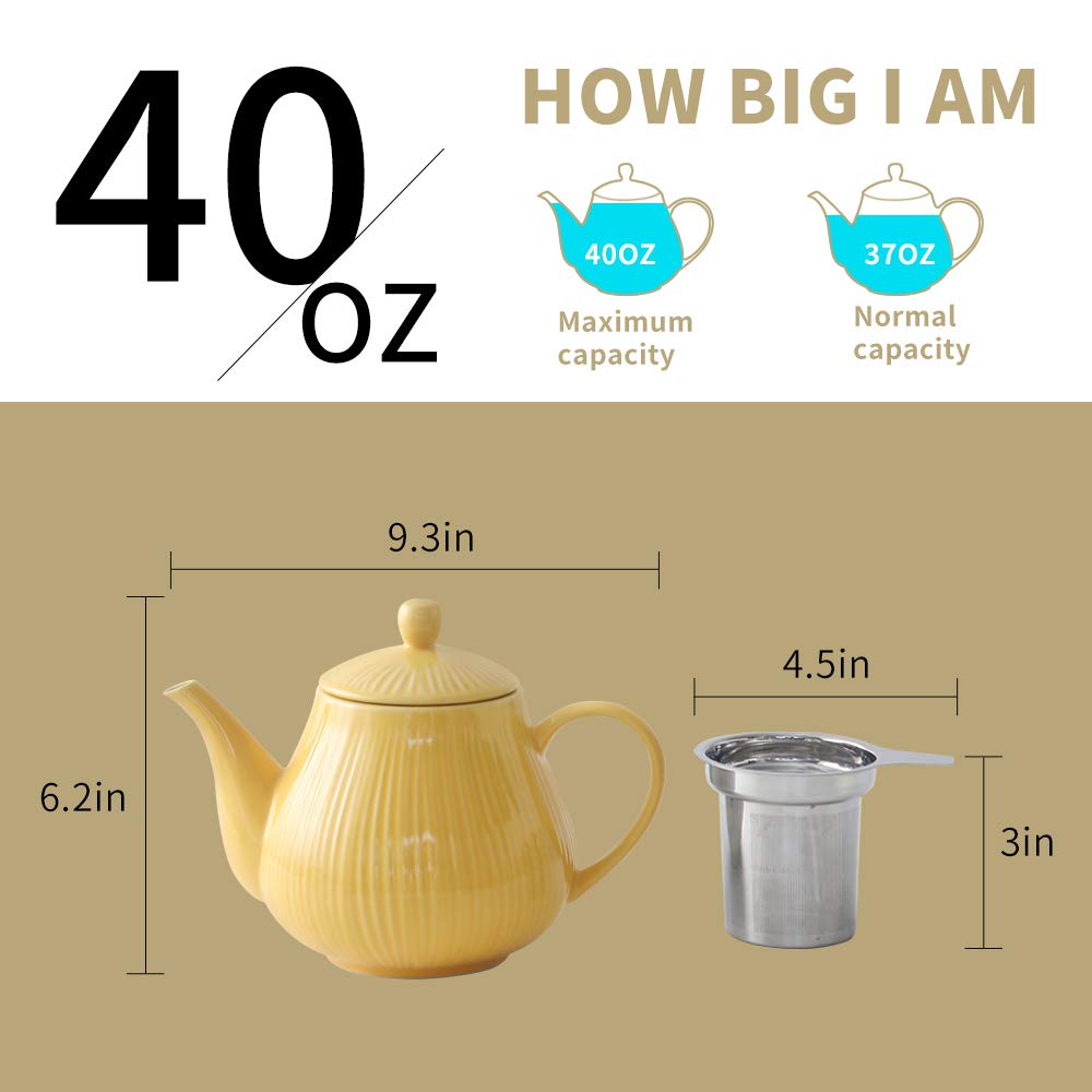Koov Ceramic Teapot With Infuser, 40 Ounce Tea Pot With Infuser For Loose Tea, Large Enough For 6 Cups, Striped Series (Lemon)
