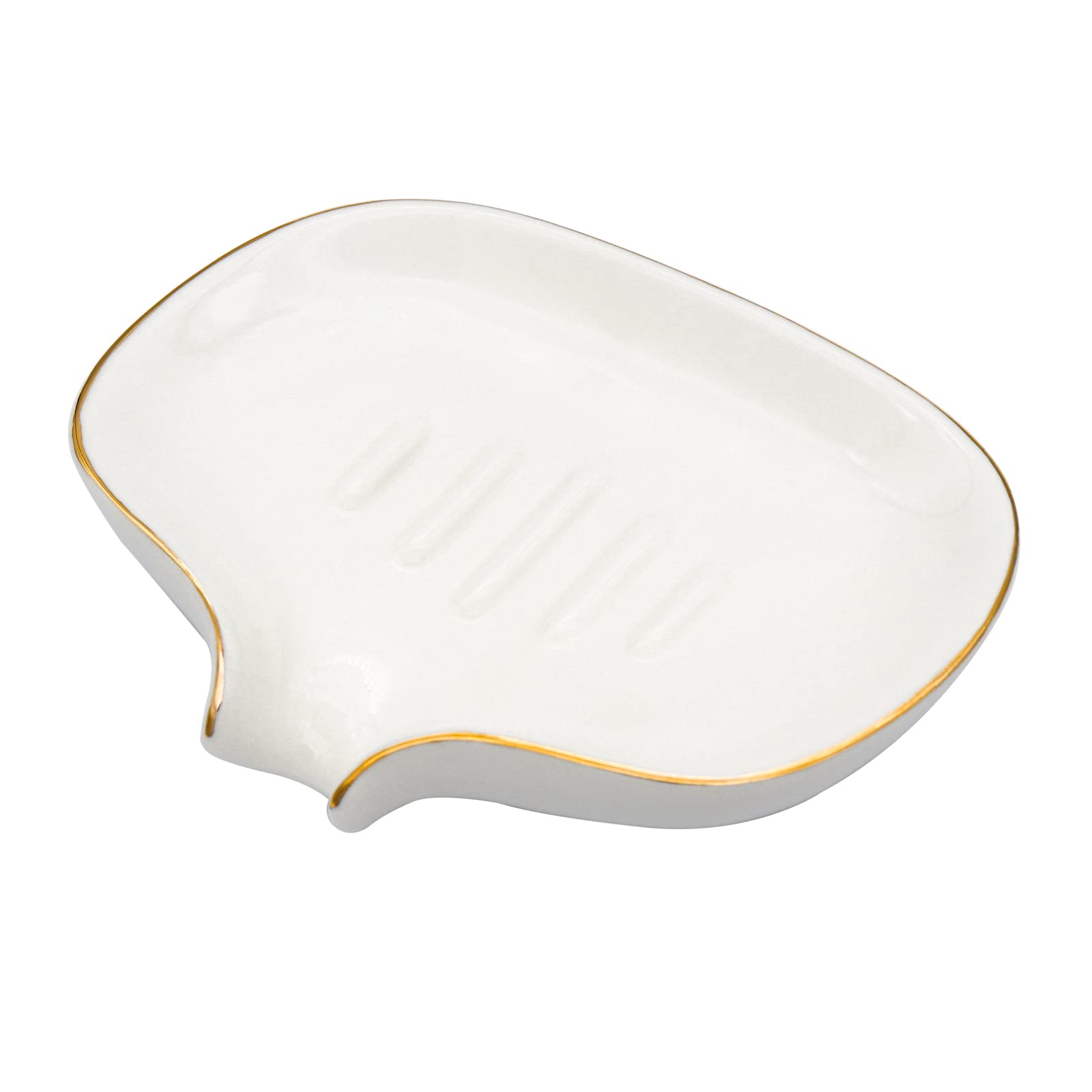 Polyroyal White Soap Dish Ceramic Self Draining Soap Dish Waterfall Slot Gold Edge Bathroom Accessories For Bathroom, Kitchen,Ba