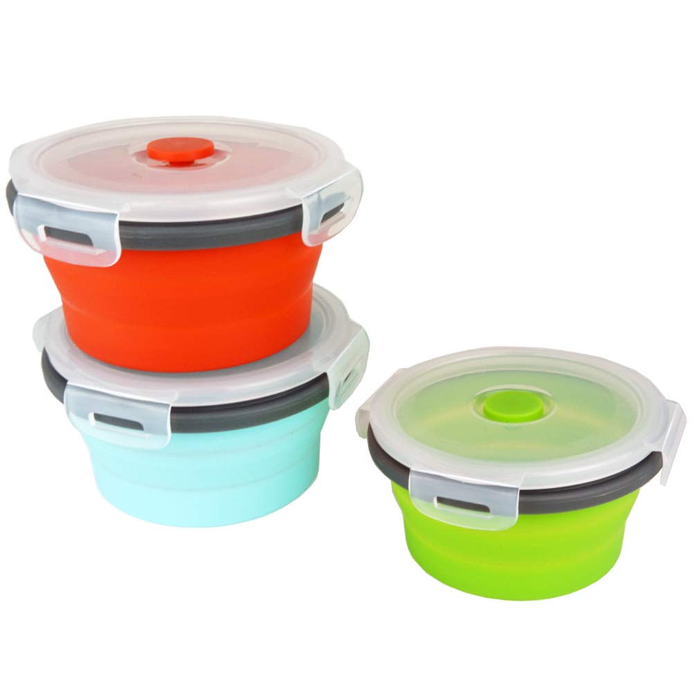 Ecomorning 3Piece Round Collapsible Lunch Container Silicone Food Storage Containers Collapsible Camping Bowl With Airtight Sili