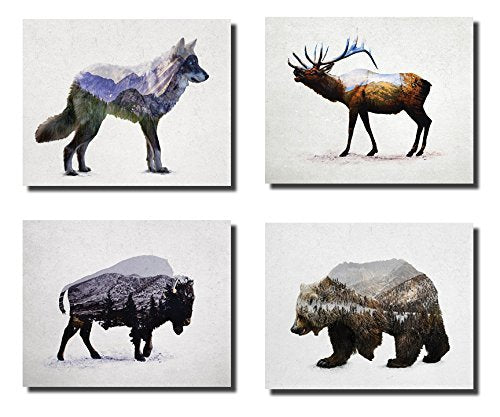 Rustic Elk, Bison, Wolf And Bear Landscape Set; Cabin Lodge Decor; Four 10X8In Mdf Mounted Prints