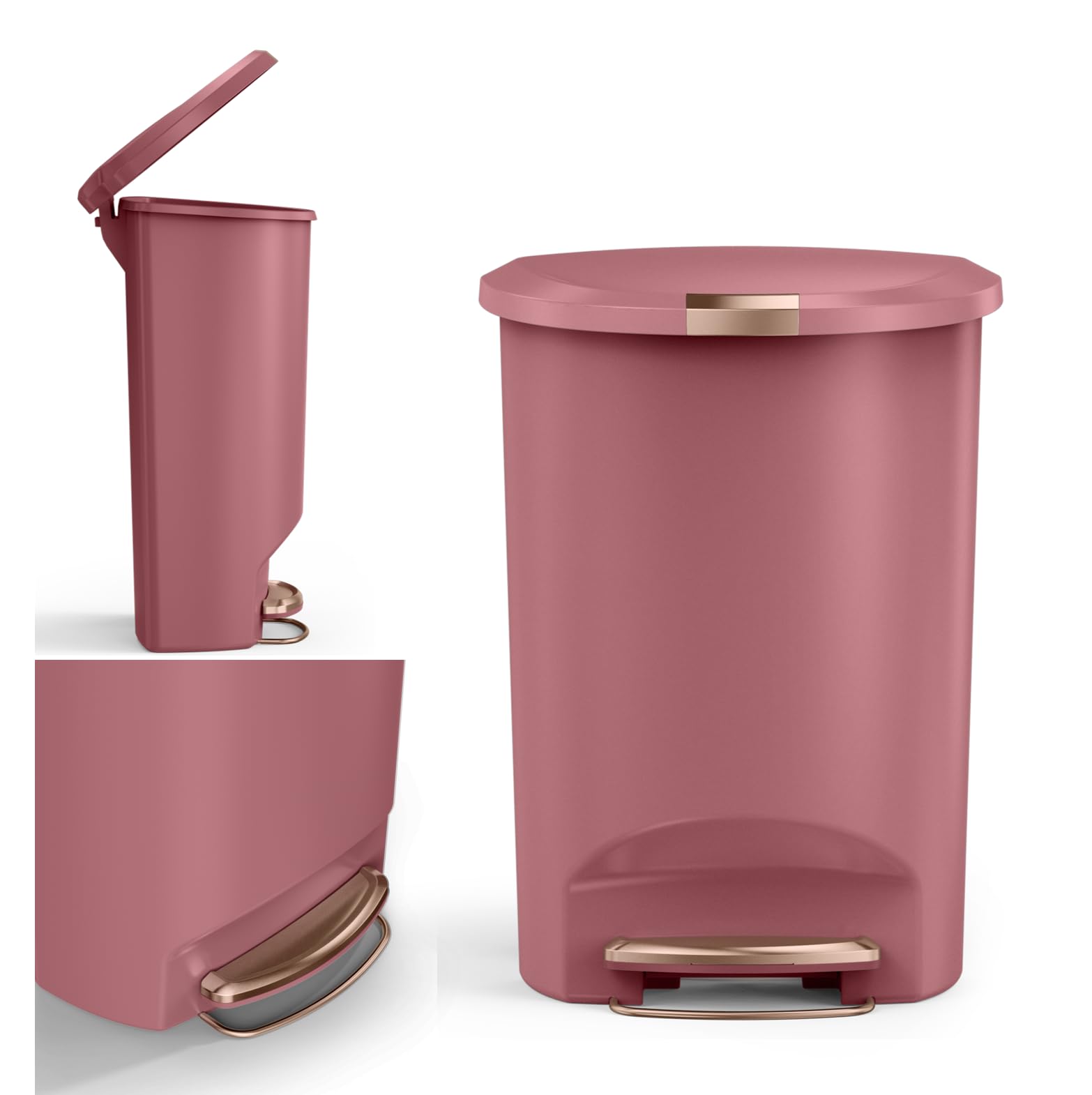 simplehuman 50 Liter / 13 Gallon Hybrid Semi-Round Kitchen Step Trash Can with Secure Slide Lock, Blush Plastic