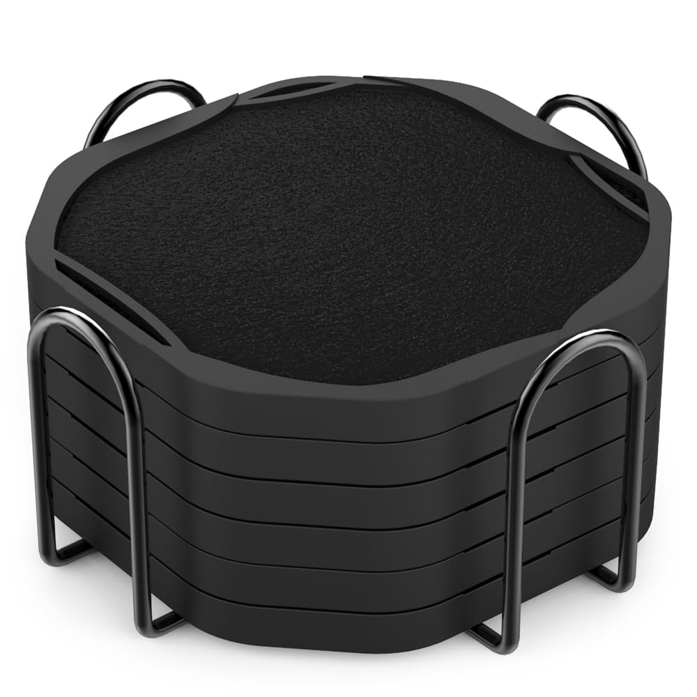 UMIRRO Absorbent Coasters for Drinks with Holder  Black Silicone Coasters with Soft Felt Inserts for Wooden Coffee Table  Cool Modern Cup Mats for Tabletop Protection  Set of 6