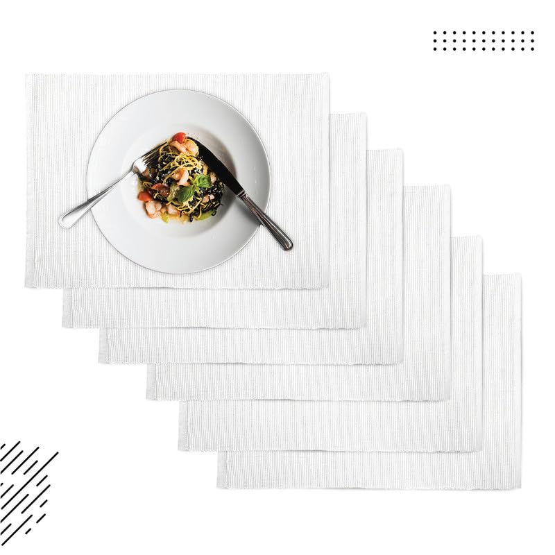 Encasa Ribbed Table Placemats (Set Of 6) - Solid Off White | 19''X13'' | Over 20 Modern Colors & Woven Designs - Washable Cloth