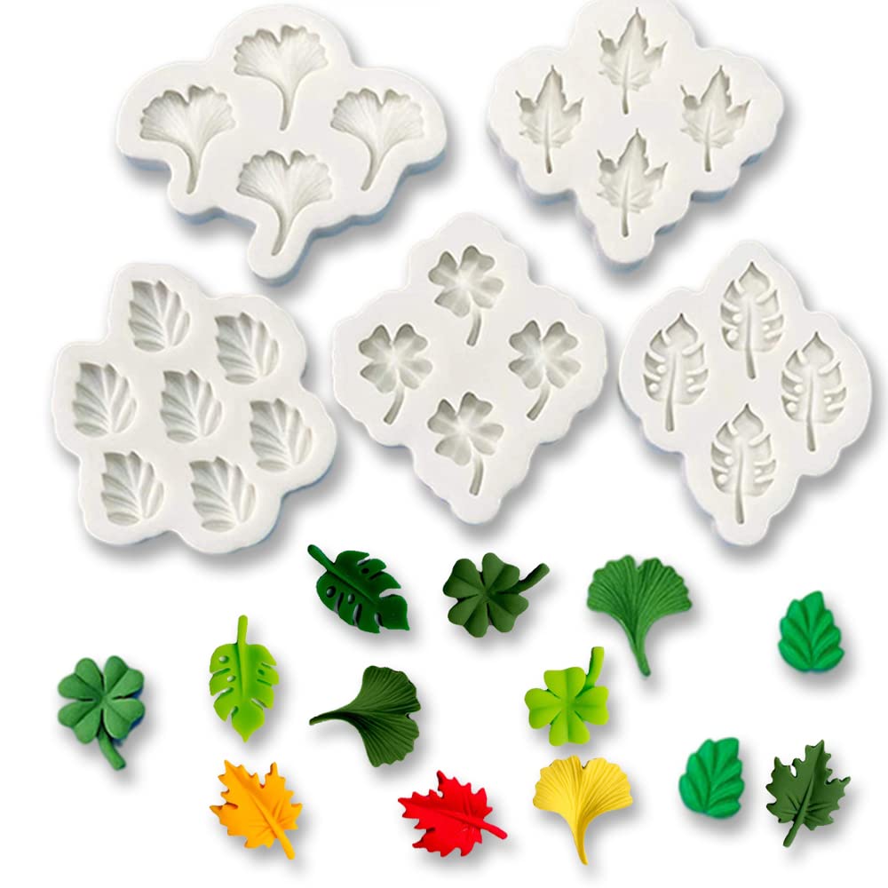 Cestony 5 Pcs Multi Cavity Mini Ginkgo Leaf Maple Leaf Turtle Back Leaf Clover Silicone Molds For Diy Cake Fondant Biscuit Cooki