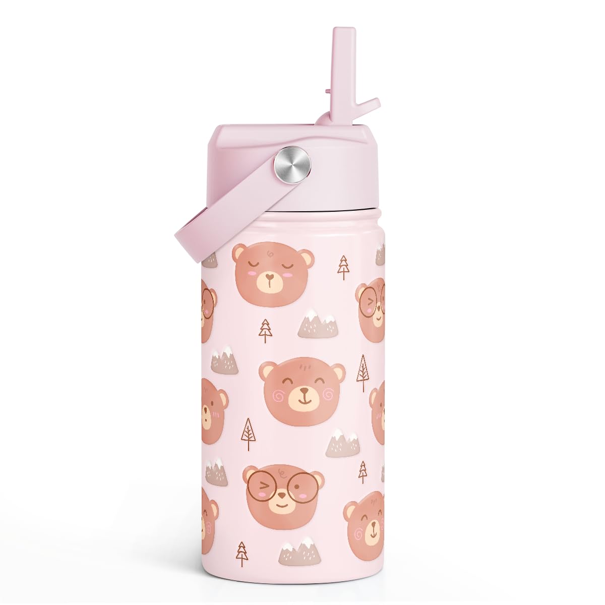 SANDJEST Bear Kids Water Bottle With Straw Lid 12oz Insulated Stainless Steel, Travel Tumbler, Bear Gifts For Boys Girls, Birthd