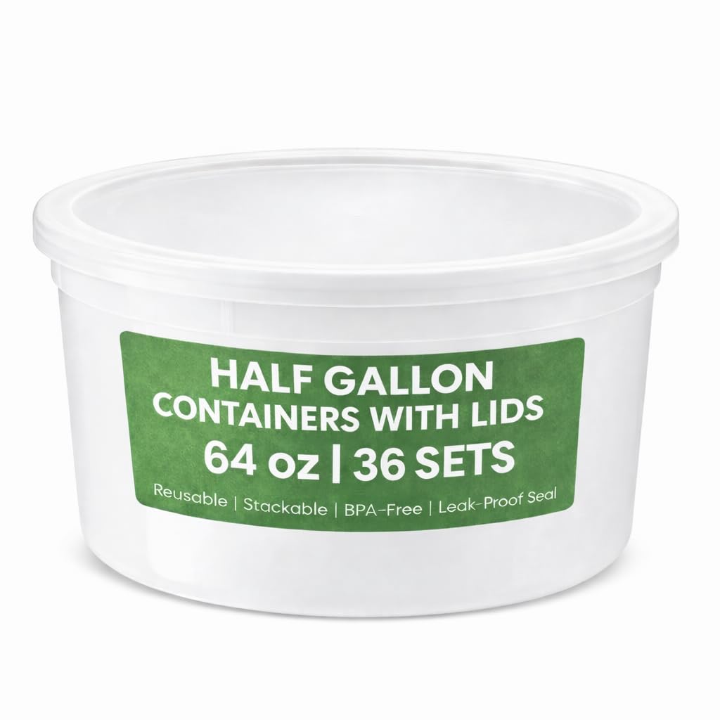 Joyserve 64 Oz Food Storage Containers With Lids (Case Pack Of 36 Sets), Half Gallon Round Plastic Deli Container With Leak-Proo