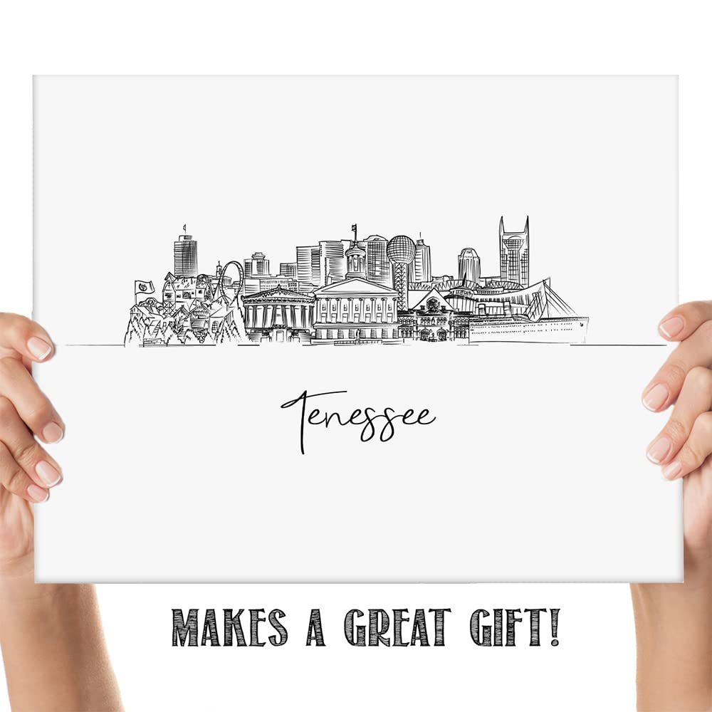 Tj Originals - Tennessee City Skyline Landscape Hand Illustrated Wall Art Decor - Unframed 11 X 14 Black & White Print - Anniver